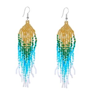 🆕 Long Bohemian Beaded Dangle Tassel Earrings Gold Green Blue White